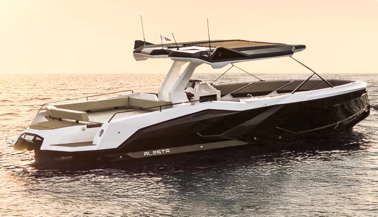 Raptor open-yacht by Navy Blue with wide bench seating and shade for a semi-private cruise