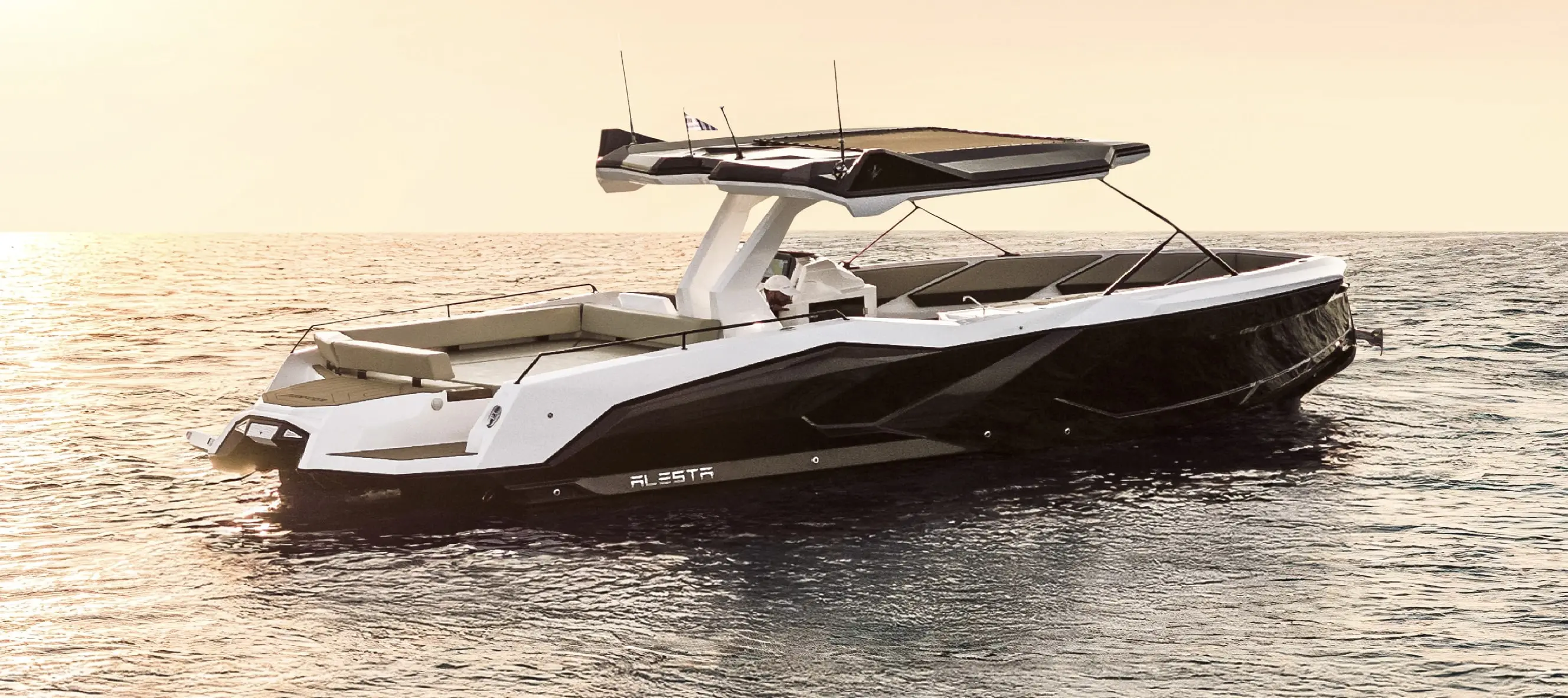 Navy Blue Raptor open-yacht cruising on calm Aegean waters at golden hour