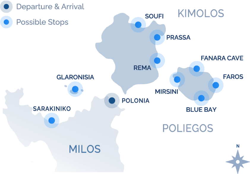 Map of the Navy Blue North Cruise route from Milos toward Kimolos and Poliegos with stops at Glaronisia, Sarakiniko, Blue Bay, and Mirsini