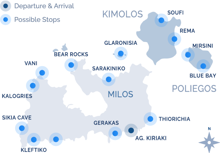Map of the Navy Blue Round Cruise itinerary around Milos, Kimolos, and Poliegos, showing possible stops at Kleftiko, Sarakiniko, Gerakas, Kalogries, and more