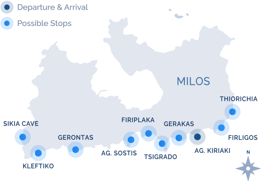 Map of the Navy Blue South Cruise route along the southern coast of Milos with stops at Kleftiko, Gerontas, Firiplaka, Tsigrado, and Sikia Cave