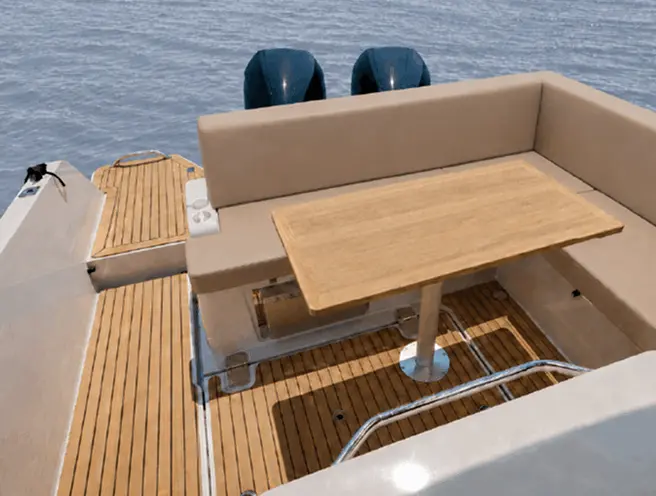 Ryck luxury open-yacht aft deck by Navy Blue with teak deck, beige lounge seating and twin outboards