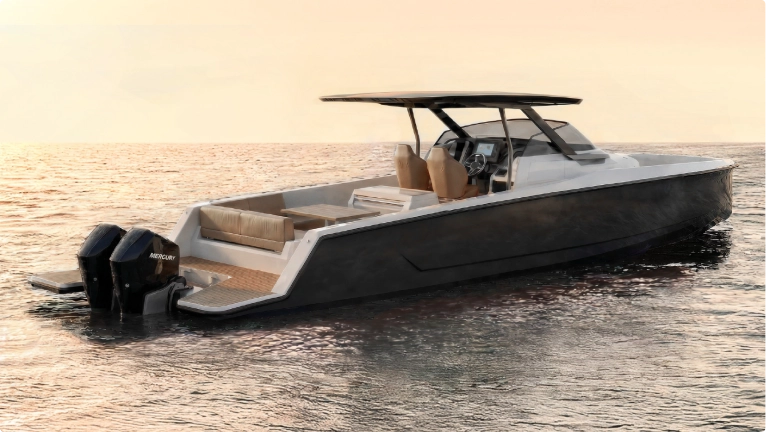 Ryck open-yacht by Navy Blue with teak deck and hardtop shade on a private cruise in Milos