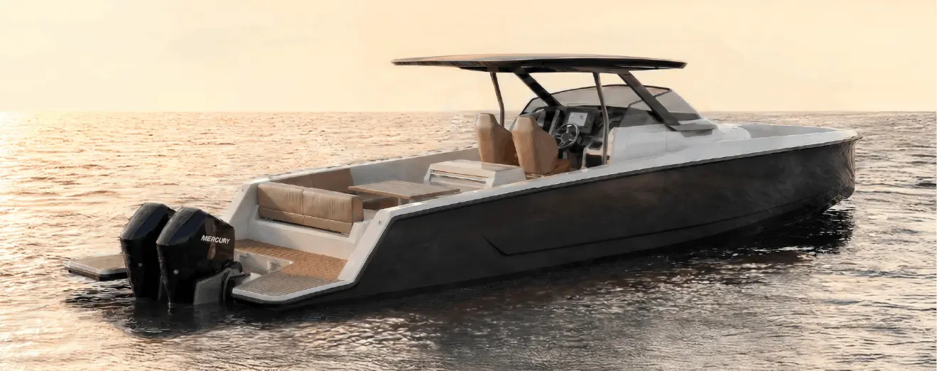 Ryck luxury open-yacht by Navy Blue with twin Mercury outboards on calm water at sunset
