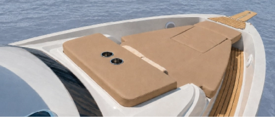 Ryck luxury open-yacht aft deck by Navy Blue with teak deck, beige lounge seating and twin outboards