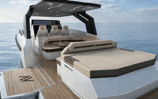 Navygon open-yacht cockpit by Navy Blue with beige leather seating, cushions, a hardtop shade canopy with spotlights, and open sea views