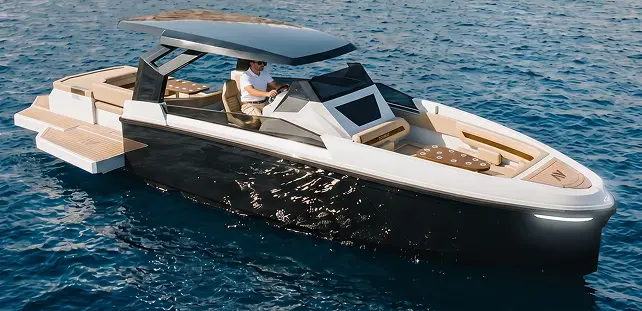 Navygon luxury yacht by Navy Blue overhead view of foredeck lounge, hardtop and aft sunpads 