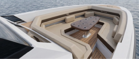 Navygon luxury yacht by Navy Blue aft cockpit with dinette table, wraparound seating, sunpad and teak swim platform