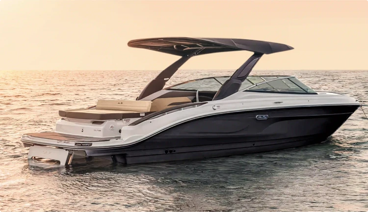 Sea Ray open-yacht by Navy Blue with curved canopy and sunpads on a private cruise in Milos