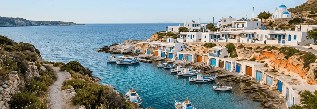 Colorful syrmata boat houses, moored fishing boats, and the church of Zoodochos Pigi around Mandrakia harbor