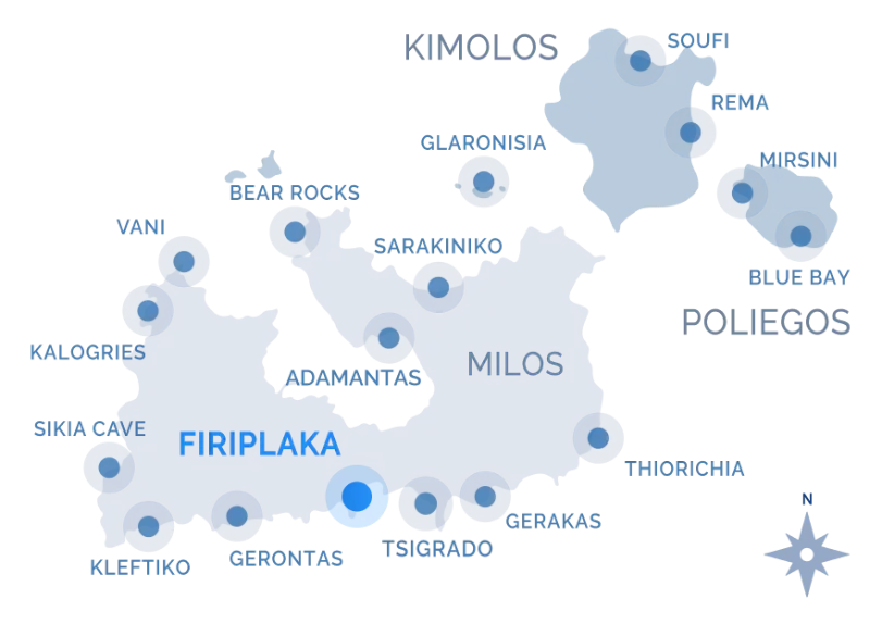 Navy Blue cruise route map around Milos, Kimolos, and Poliegos with stops at Sarakiniko, Kleftiko, Gerakas, and more