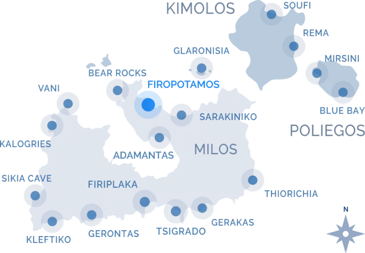 Navy Blue cruise route map of Milos, Kimolos and Poliegos highlighting landmarks including Firopotamos, Kleftiko, Sarakiniko, and Blue Bay