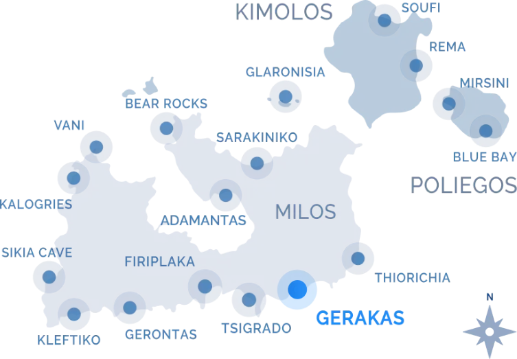 Navy Blue cruise route map of Milos, Kimolos and Poliegos highlighting landmarks including Gerakas, Kleftiko, Sarakiniko, and Blue Bay