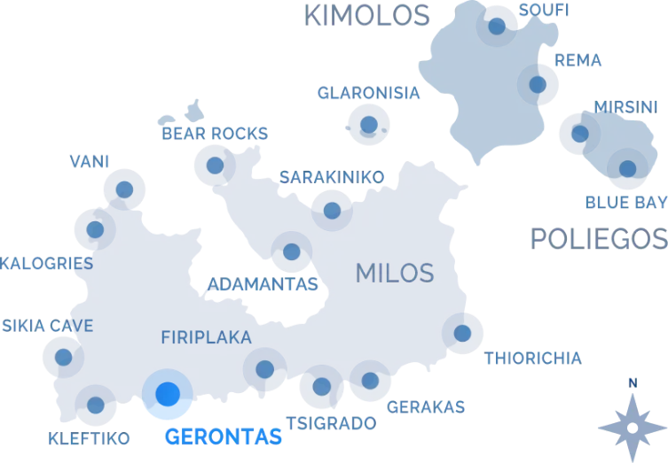 Navy Blue cruise route map of Milos, Kimolos and Poliegos highlighting landmarks including Gerontas, Kleftiko, Sarakiniko, and Blue Bay