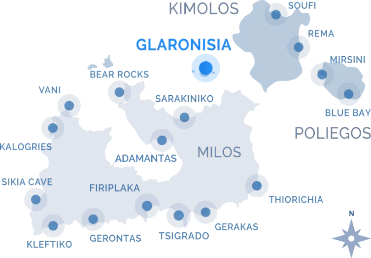 Navy Blue cruise route map of Milos, Kimolos and Poliegos highlighting landmarks including Glaronisia, Kleftiko, Sarakiniko, and Blue Bay