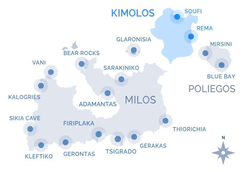 Navy Blue cruise route map around Milos, Kimolos, and Poliegos with stops at Sarakiniko, Kleftiko, Gerakas, and more