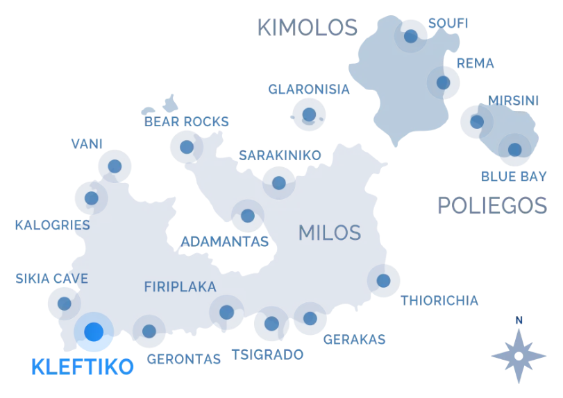 Navy Blue cruise route map around Milos, Kimolos, and Poliegos with stops at Sarakiniko, Kleftiko, Gerakas, and more