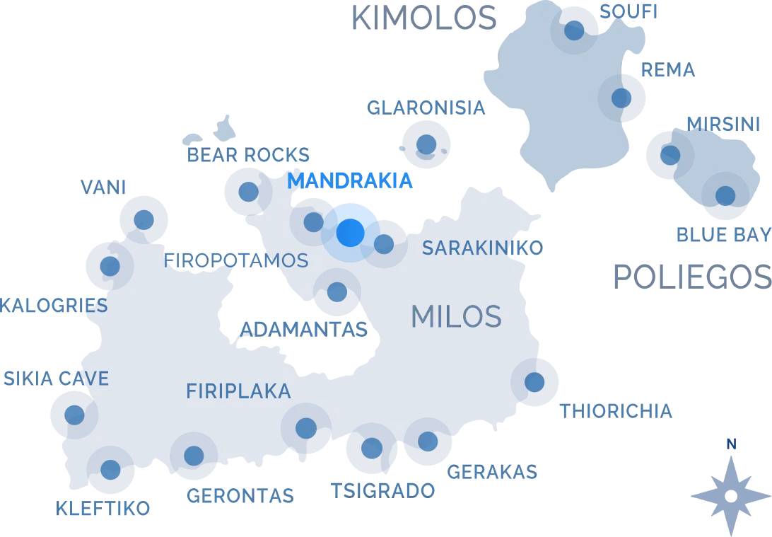 Navy Blue cruise route map of Milos highlighting Mandrakia, Sarakiniko, Kleftiko, and Firopotamos
