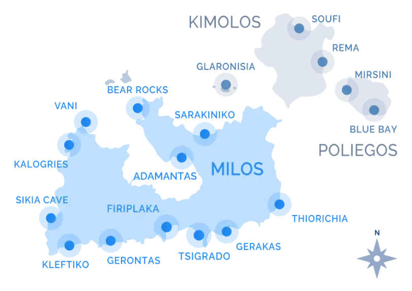 Navy Blue cruise route map around Milos, Kimolos, and Poliegos with stops at Sarakiniko, Kleftiko, Gerakas, and more