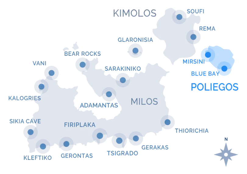 Navy Blue cruise route map of Milos, Kimolos and Poliegos highlighting landmarks including Blue Bay, Kleftiko, Sarakiniko, and more