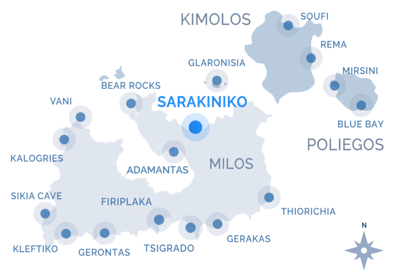 Navy Blue cruise route map around Milos, Kimolos, and Poliegos with stops at Sarakiniko, Kleftiko, Gerakas, and more