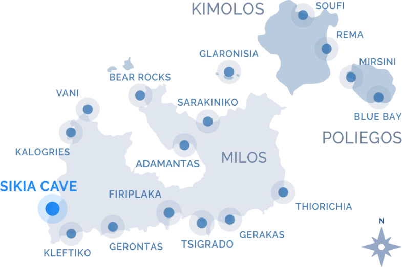 Navy Blue cruise route map of Milos, Kimolos and Poliegos highlighting landmarks including Sikia Cave, Kleftiko, Sarakiniko, and Blue Bay