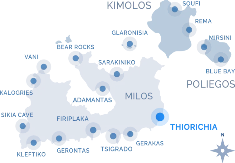Navy Blue cruise route map of Milos, Kimolos and Poliegos highlighting landmarks including Thiorichia, Kleftiko, Sarakiniko, and Blue Bay
