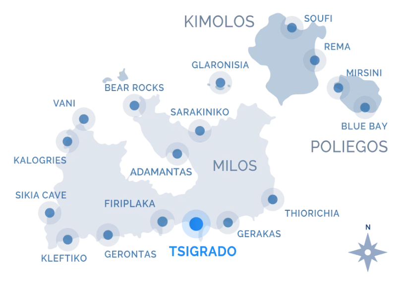 Navy Blue cruise route map around Milos, Kimolos, and Poliegos with stops at Sarakiniko, Kleftiko, Gerakas, and more