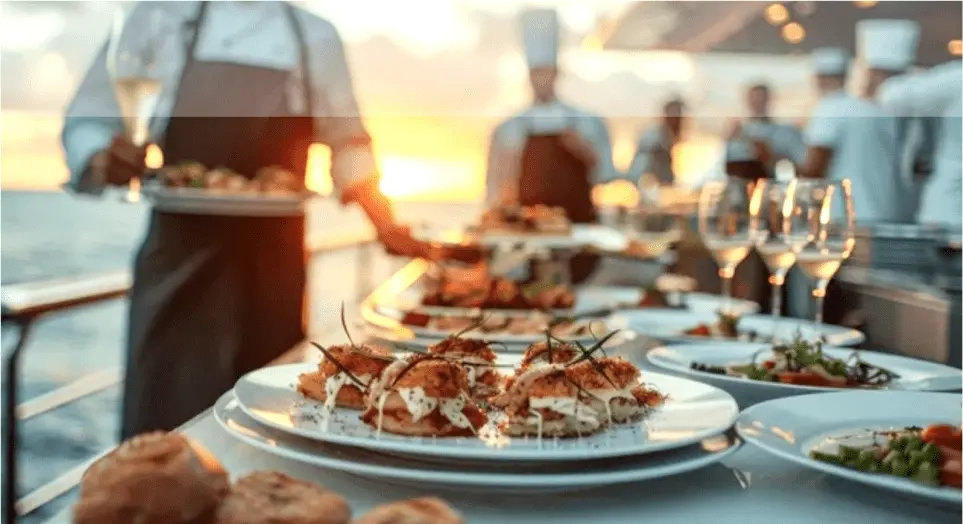 Fresh Mediterranean appetizers served on white plates at sunset aboard a yacht