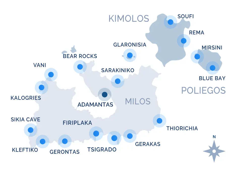 Map of Milos, Kimolos, and Poliegos showing Navy Blue cruise destination stops