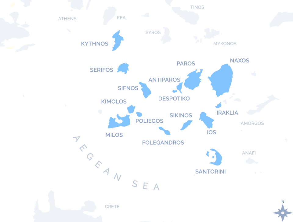 Navy Blue Multi-Island Cruise route map of the Cyclades showing Milos, Santorini, Naxos, and Paros in the Aegean Sea
