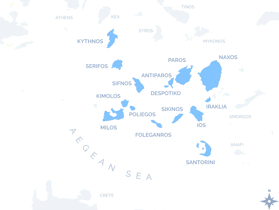 Navy Blue Multi-Island Cruise route map of the Cyclades showing Milos, Santorini, Naxos, and Paros in the Aegean Sea