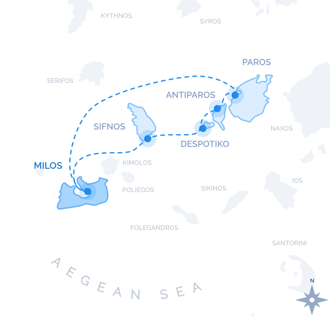 Central Cyclades Cruise route map from Milos: Sifnos, Despotiko, Antiparos and Paros