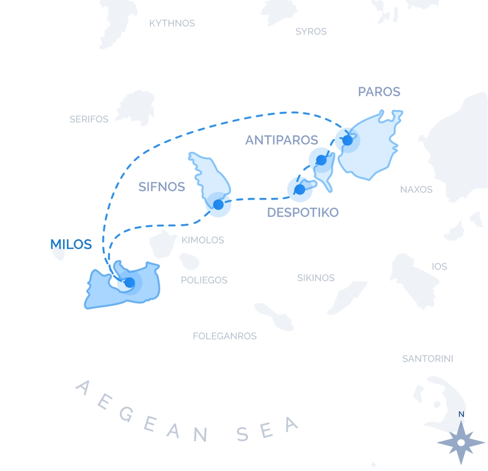 Central Cyclades Cruise route map from Milos: Sifnos, Despotiko, Antiparos and Paros