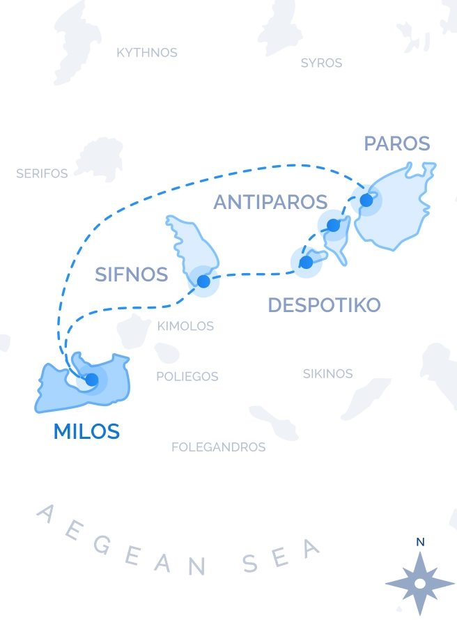 Central Cyclades Cruise route map from Milos: Sifnos, Despotiko, Antiparos and Paros