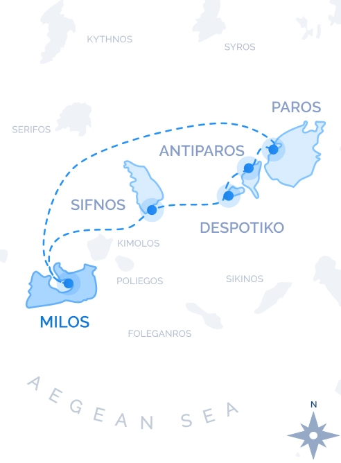 Central Cyclades Cruise route map from Milos: Sifnos, Despotiko, Antiparos and Paros