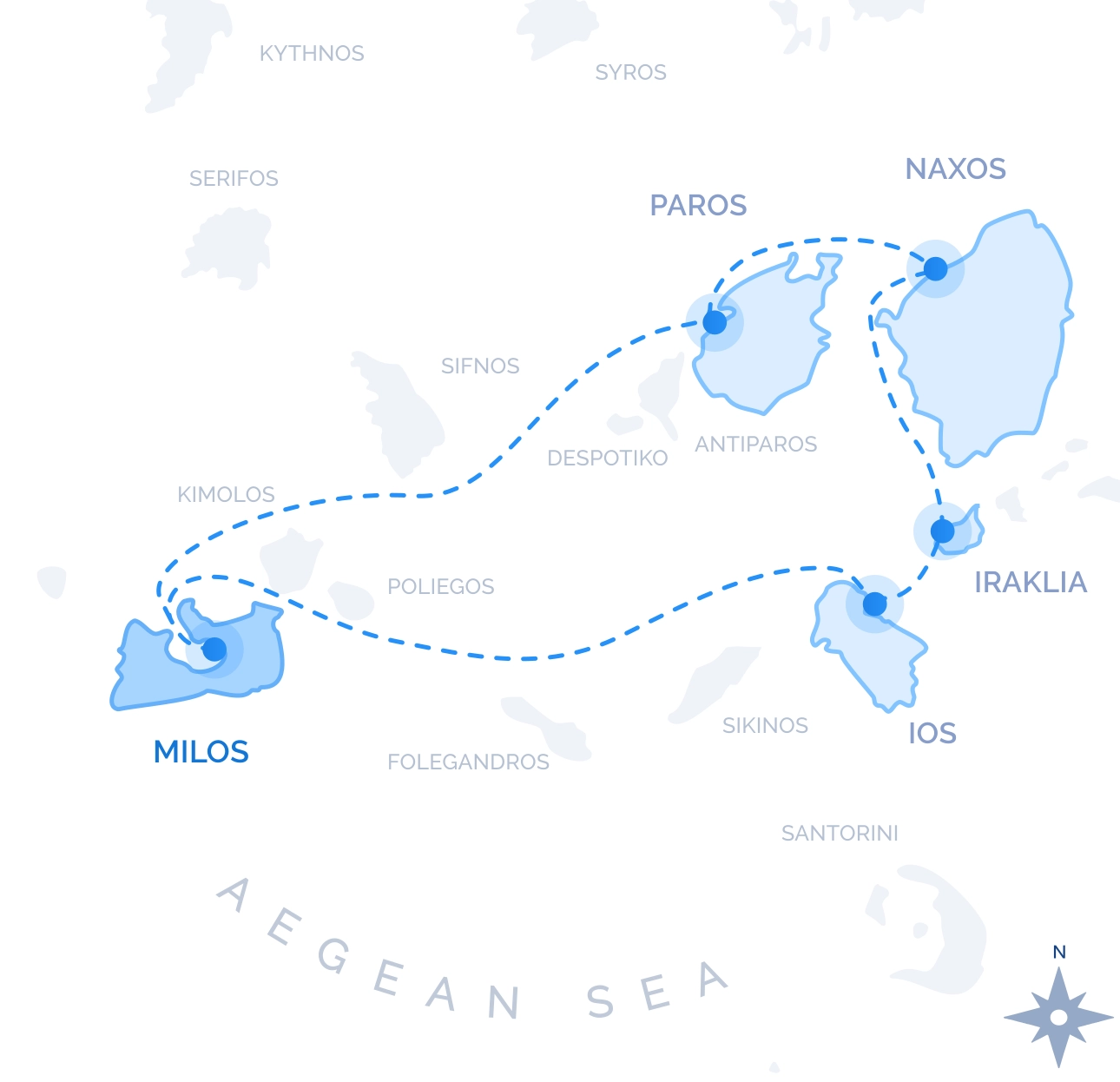 Eastern Cyclades Cruise route map from Milos: Iraklia, Naxos, Paros and Sifnos