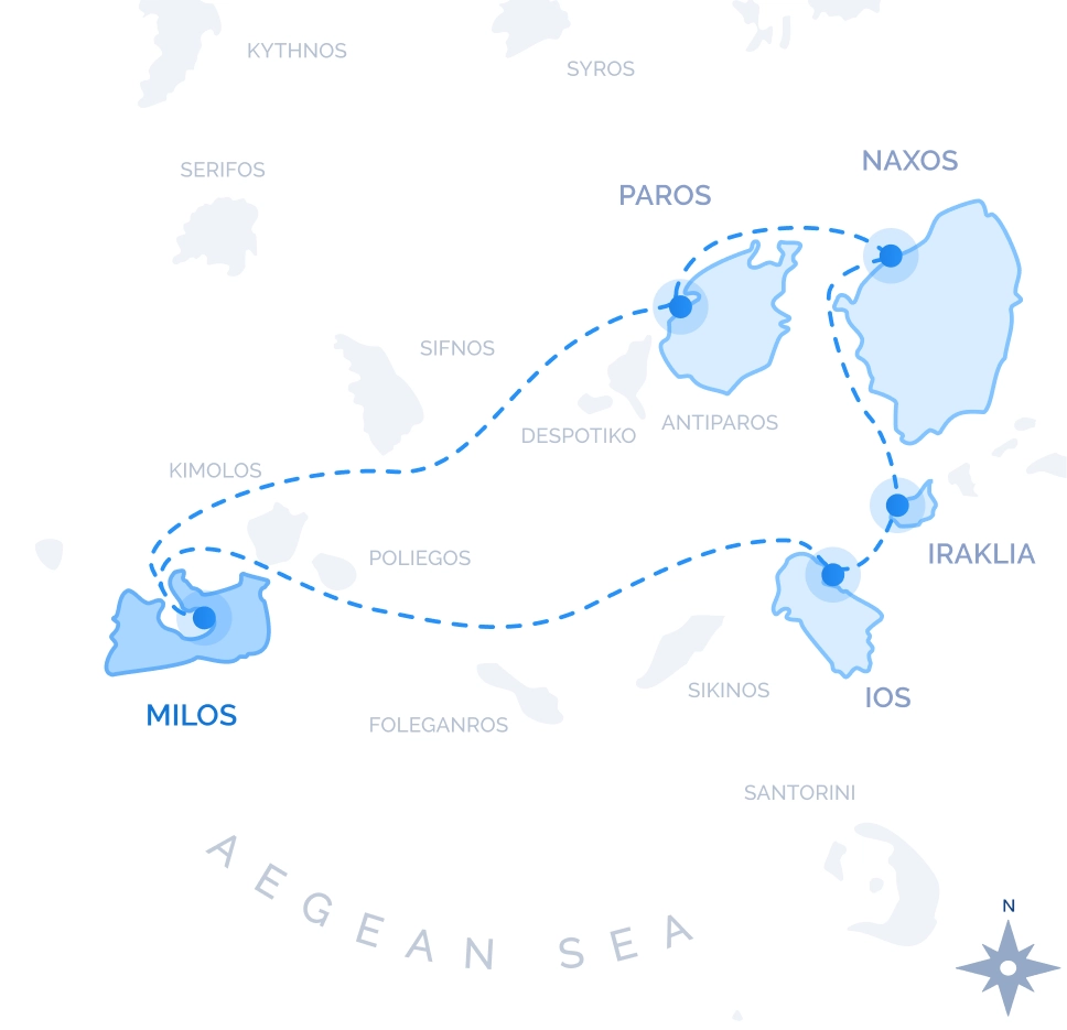 Eastern Cyclades Cruise route map from Milos: Iraklia, Naxos, Paros and Sifnos
