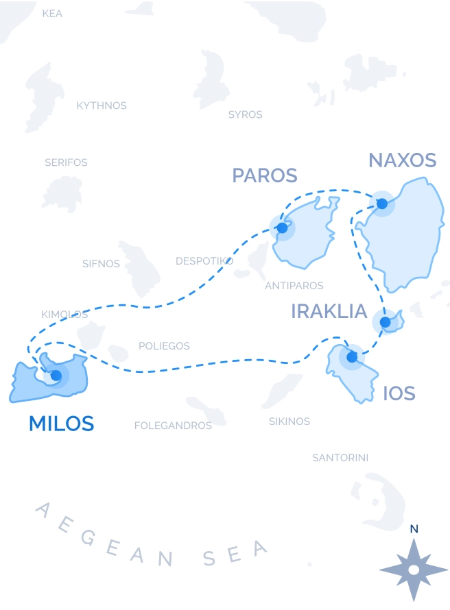 Eastern Cyclades Cruise route map from Milos: Iraklia, Naxos, Paros and Sifnos