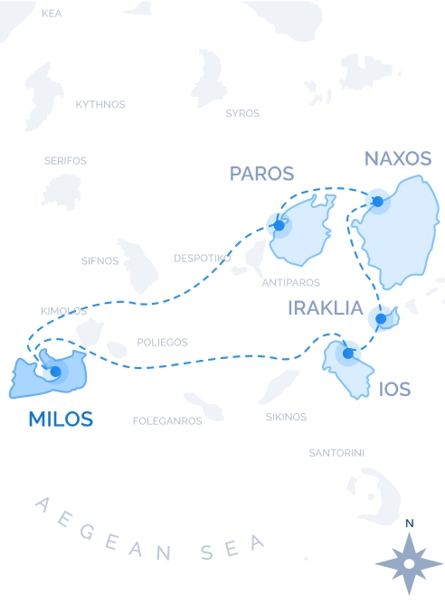 Eastern Cyclades Cruise route map from Milos: Iraklia, Naxos, Paros and Sifnos