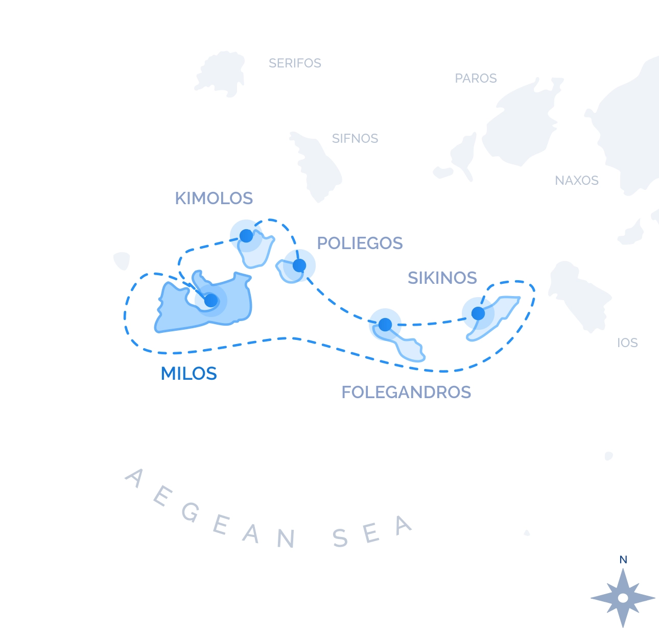 South-Central Cyclades Cruise route map from Milos: Kimolos, Poliegos, Folegandros and Sikinos