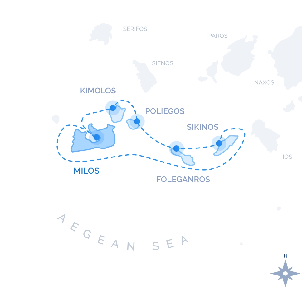 South-Central Cyclades Cruise route map from Milos: Kimolos, Poliegos, Folegandros and Sikinos