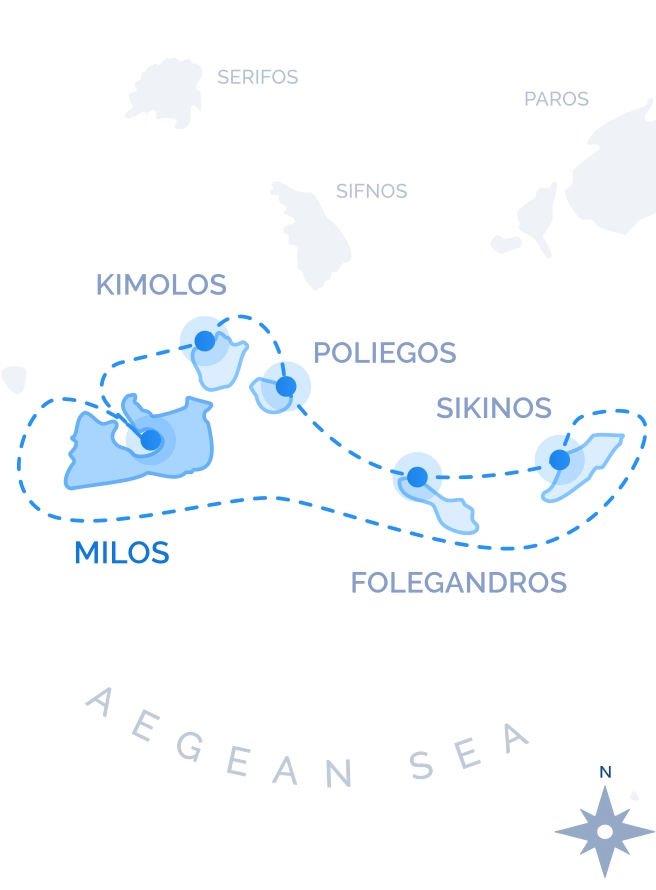 South-Central Cyclades Cruise route map from Milos: Kimolos, Poliegos, Folegandros and Sikinos