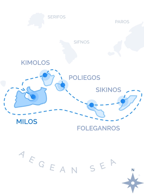 South-Central Cyclades Cruise route map from Milos: Kimolos, Poliegos, Folegandros and Sikinos