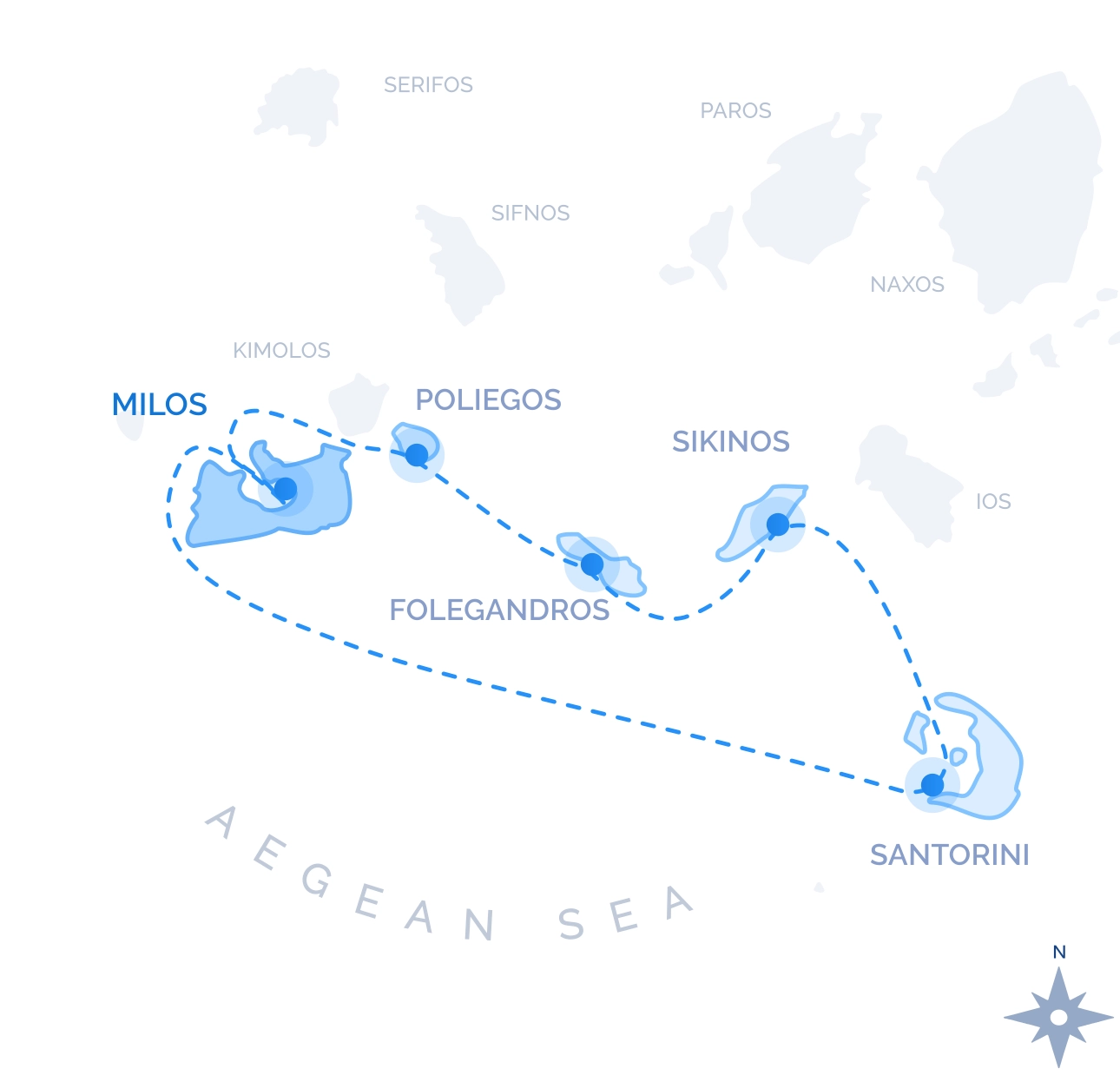 Southern Cyclades Cruise route map from Milos: Poliegos, Folegandros, Sikinos and Santorini