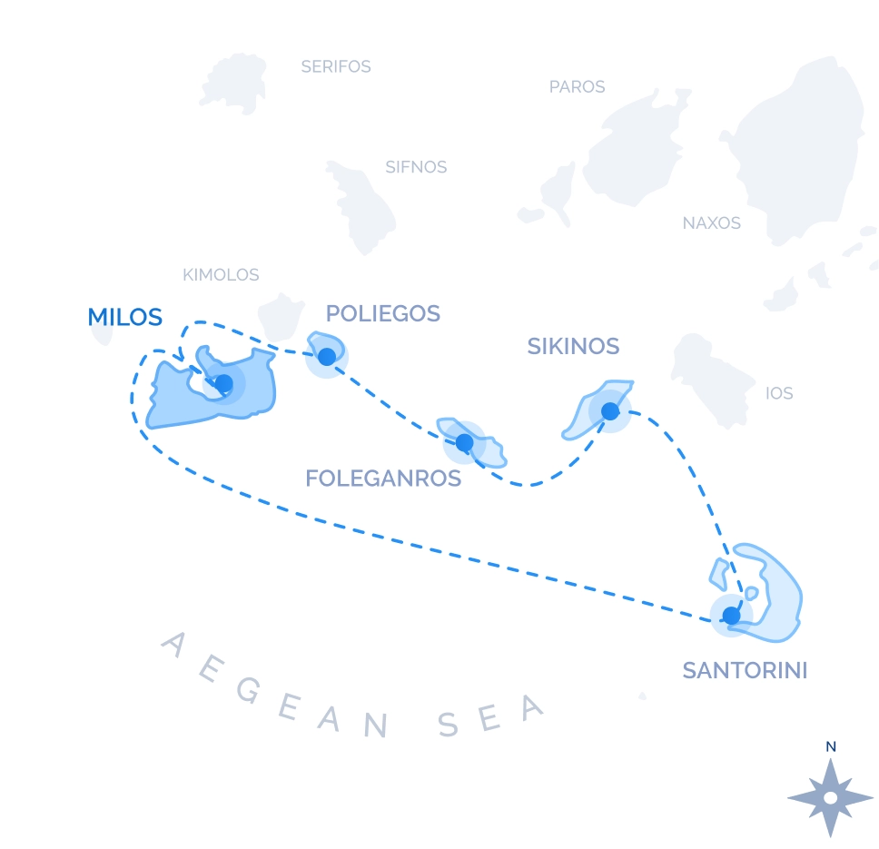 Southern Cyclades Cruise route map from Milos: Poliegos, Folegandros, Sikinos and Santorini