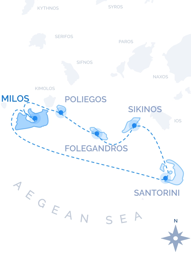 Southern Cyclades Cruise route map from Milos: Poliegos, Folegandros, Sikinos and Santorini