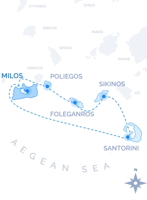 Southern Cyclades Cruise route map from Milos: Poliegos, Folegandros, Sikinos and Santorini