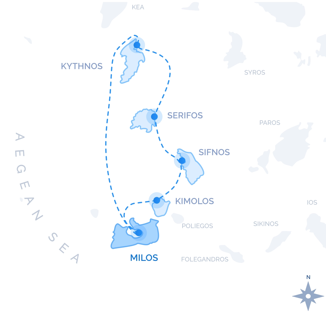 Western Cyclades Cruise route map from Milos: Kimolos, Sifnos, Serifos and Kythnos