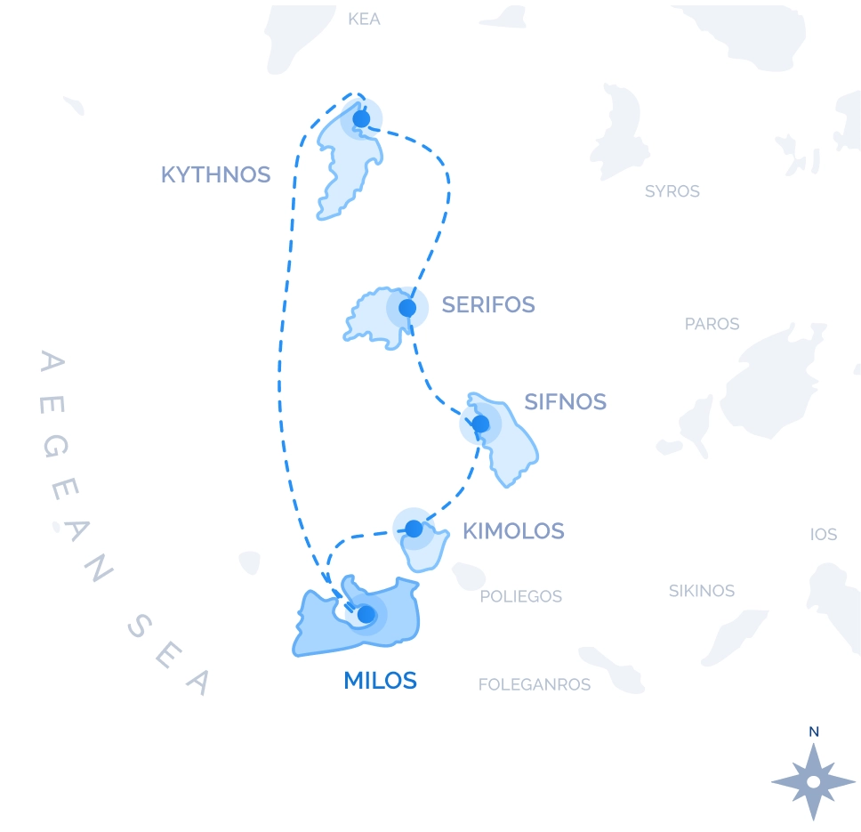 Western Cyclades Cruise route map from Milos: Kimolos, Sifnos, Serifos and Kythnos